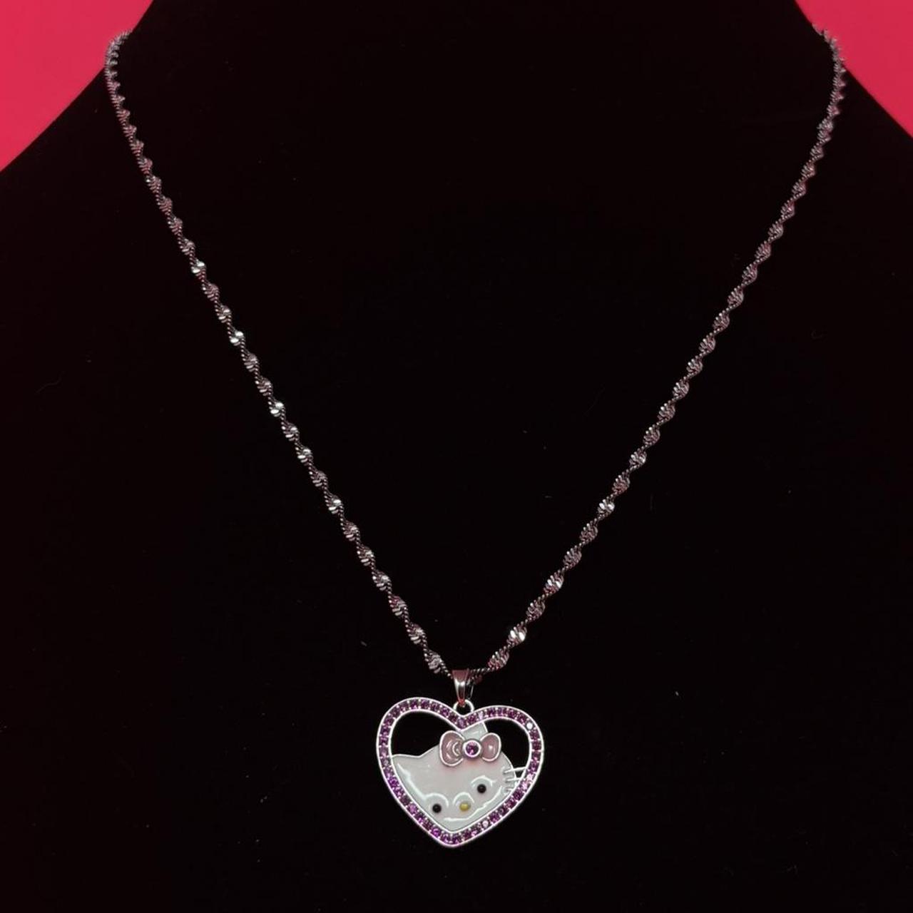 Cute Kitty Pink Heart Pendant Necklace – Silver Stainless Steel